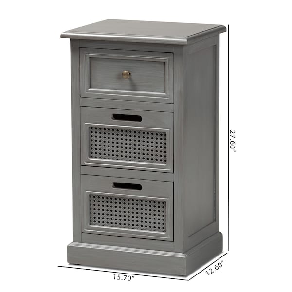 Baxton Studio Sheldon Modern and Contemporary Vintage Grey Finished Wood and Synthetic Rattan 3-Drawer Nightstand - 190-11951-ZORO