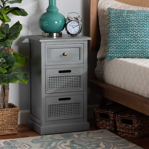 Baxton Studio Sheldon Modern and Contemporary Vintage Grey Finished Wood and Synthetic Rattan 3-Drawer Nightstand - 190-11951-ZORO
