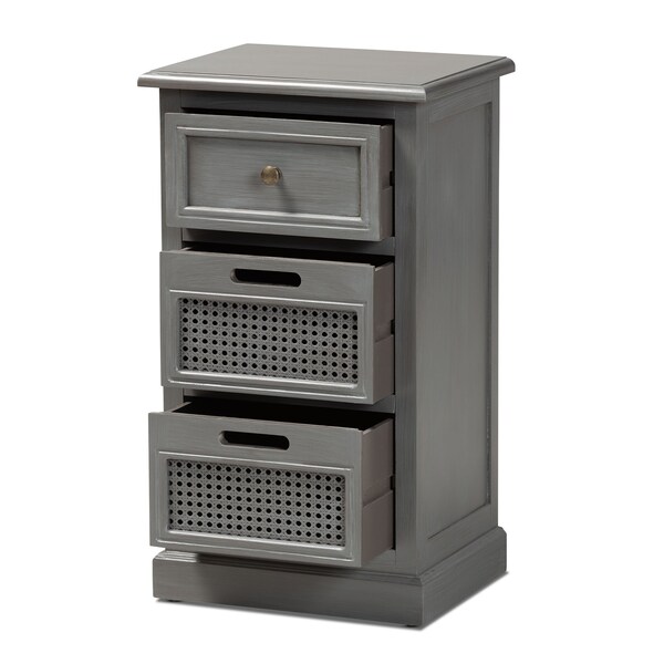 Baxton Studio Sheldon Modern and Contemporary Vintage Grey Finished Wood and Synthetic Rattan 3-Drawer Nightstand - 190-11951-ZORO