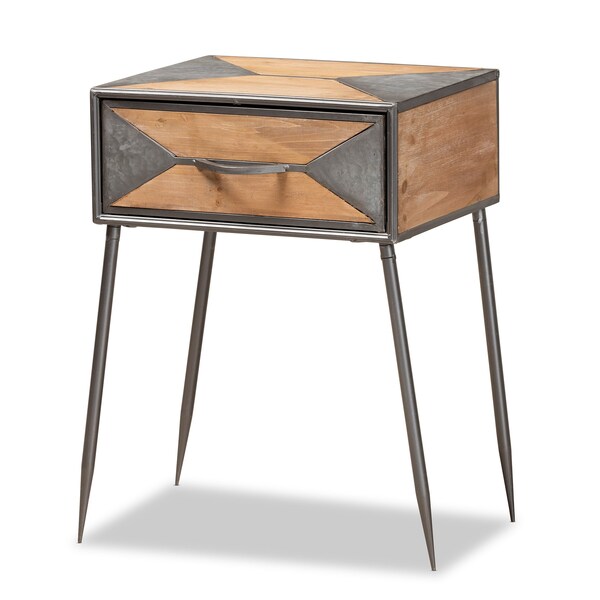 Baxton Studio Laurel Rustic Antique Grey Metal and Whitewashed Oak Brown Finished Wood 1-Drawer Nightstand - 182-11738-ZORO