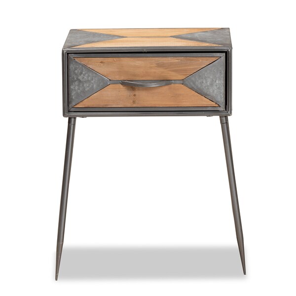 Baxton Studio Laurel Rustic Antique Grey Metal and Whitewashed Oak Brown Finished Wood 1-Drawer Nightstand - 182-11738-ZORO