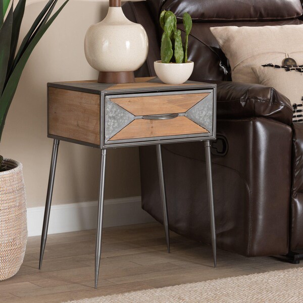 Baxton Studio Laurel Rustic Antique Grey Metal and Whitewashed Oak Brown Finished Wood 1-Drawer Nightstand - 182-11738-ZORO