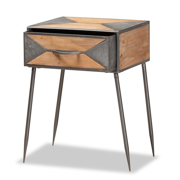 Baxton Studio Laurel Rustic Antique Grey Metal and Whitewashed Oak Brown Finished Wood 1-Drawer Nightstand - 182-11738-ZORO