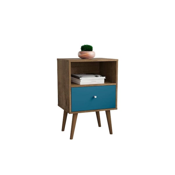 Designed To Furnish Liberty Mid-Century - Modern Nightstand 1.0 with 1 Cubby Space & 1 Drawer, Rustic Brown & Aqua Blue - DE2616404