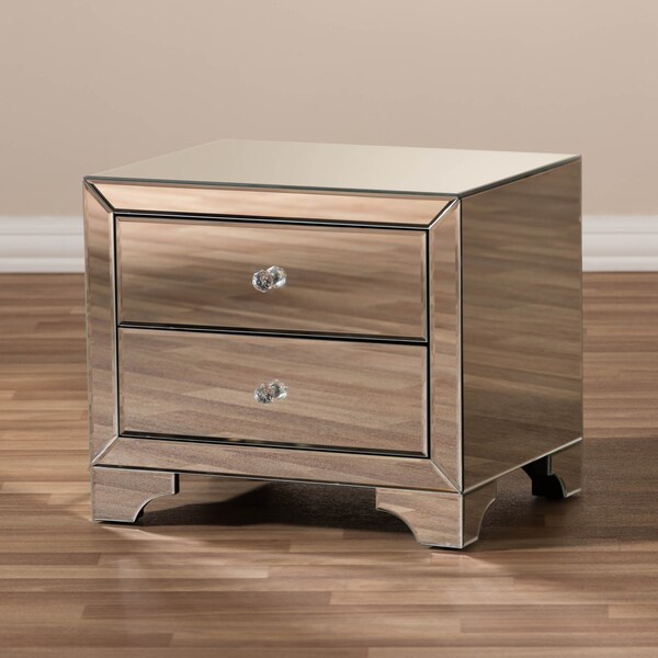 Baxton Studio Farrah Hollywood Regency Glamour Style Mirrored 2-Drawer Nightstand - 136-7481