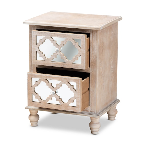 Baxton Studio Celia White-Washed Wood and Mirror 2-Drawer Quatrefoil Nightstand - 162-10263