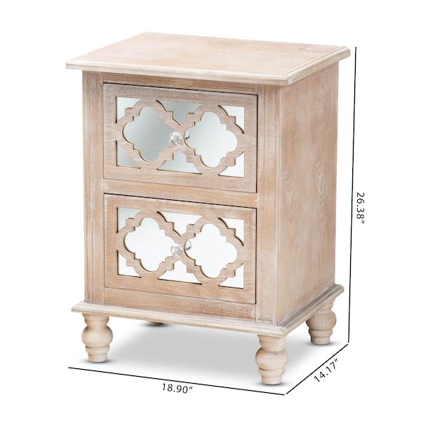 Baxton Studio Celia White-Washed Wood and Mirror 2-Drawer Quatrefoil Nightstand - 162-10263