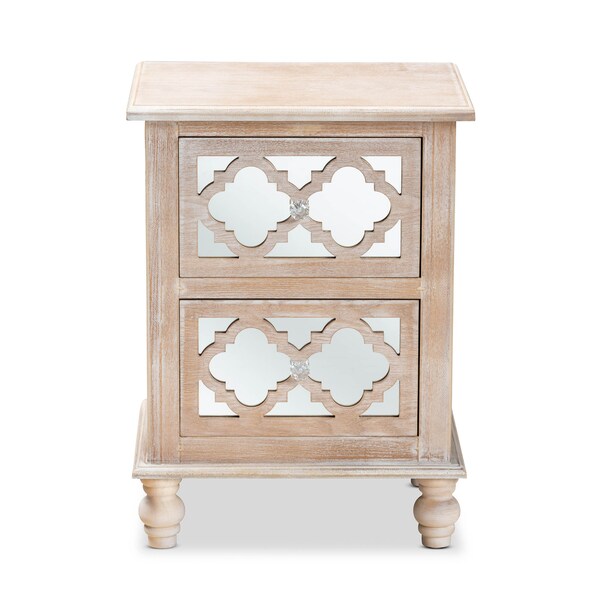 Baxton Studio Celia White-Washed Wood and Mirror 2-Drawer Quatrefoil Nightstand - 162-10263