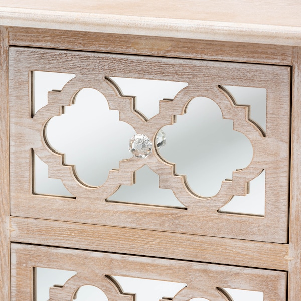 Baxton Studio Celia White-Washed Wood and Mirror 2-Drawer Quatrefoil Nightstand - 162-10263