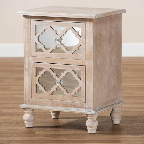 Baxton Studio Celia White-Washed Wood and Mirror 2-Drawer Quatrefoil Nightstand - 162-10263