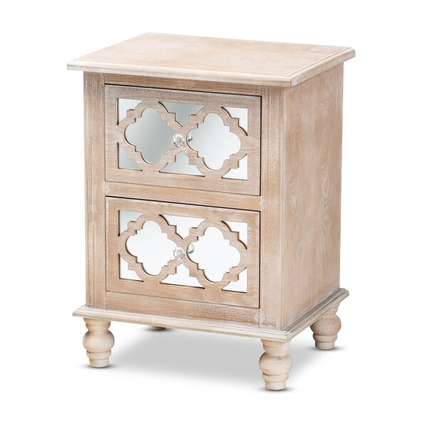Baxton Studio Celia White-Washed Wood and Mirror 2-Drawer Quatrefoil Nightstand - 162-10263