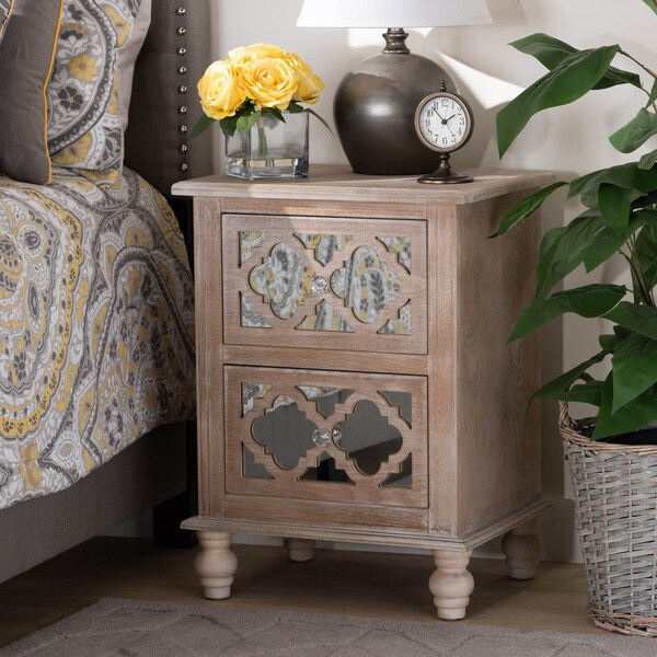 Baxton Studio Celia White-Washed Wood and Mirror 2-Drawer Quatrefoil Nightstand - 162-10263