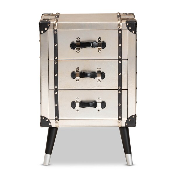 Baxton Studio Dilan Antique Silver Finished Metal Trunk 3-Drawer Nightstand - 160-10251