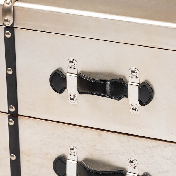 Baxton Studio Dilan Antique Silver Finished Metal Trunk 3-Drawer Nightstand - 160-10251