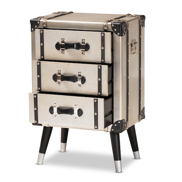 Baxton Studio Dilan Antique Silver Finished Metal Trunk 3-Drawer Nightstand - 160-10251