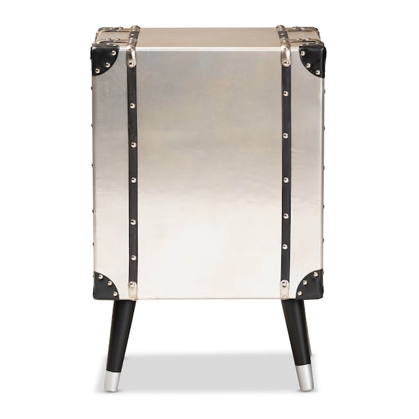 Baxton Studio Dilan Antique Silver Finished Metal Trunk 3-Drawer Nightstand - 160-10251