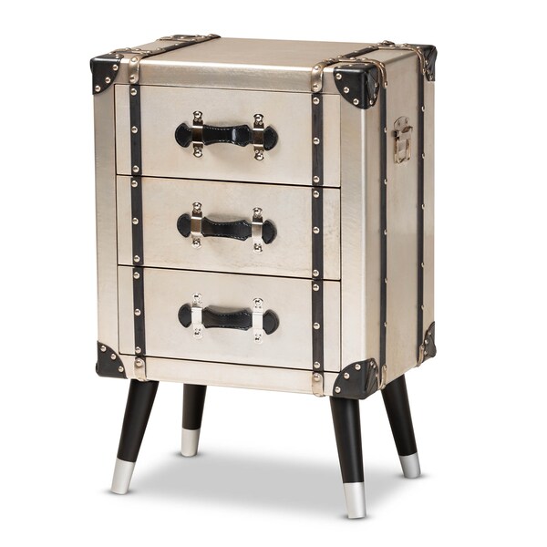 Baxton Studio Dilan Antique Silver Finished Metal Trunk 3-Drawer Nightstand - 160-10251