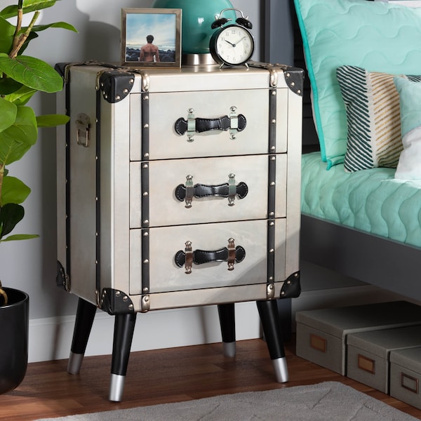 Baxton Studio Dilan Antique Silver Finished Metal Trunk 3-Drawer Nightstand - 160-10251