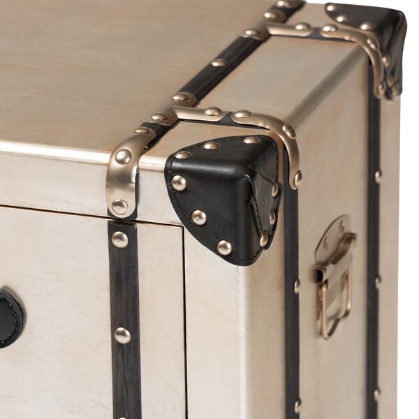 Baxton Studio Dilan Antique Silver Finished Metal Trunk 3-Drawer Nightstand - 160-10251