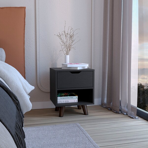 Tuhome Crail Nightstand with 1 Open Storage Shelf. 1 Drawer and Wooden Legs- Black - MLW9052