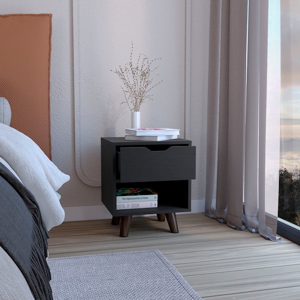 Tuhome Crail Nightstand with 1 Open Storage Shelf. 1 Drawer and Wooden Legs- Black - MLW9052