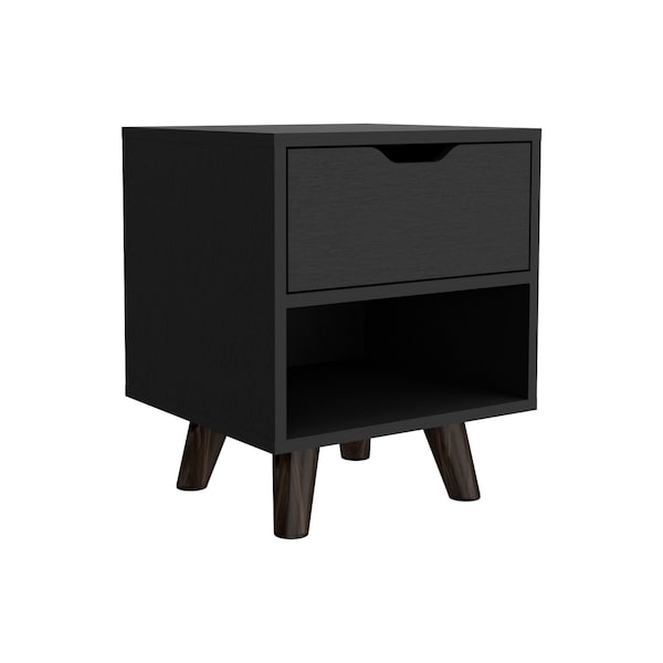 Tuhome Crail Nightstand with 1 Open Storage Shelf. 1 Drawer and Wooden Legs- Black - MLW9052