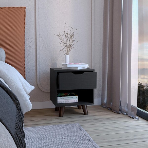 Tuhome Crail Nightstand with 1 Open Storage Shelf. 1 Drawer and Wooden Legs- Black - MLW9052