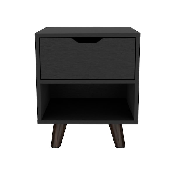 Tuhome Crail Nightstand with 1 Open Storage Shelf. 1 Drawer and Wooden Legs- Black - MLW9052