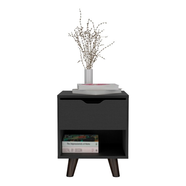 Tuhome Crail Nightstand with 1 Open Storage Shelf. 1 Drawer and Wooden Legs- Black - MLW9052