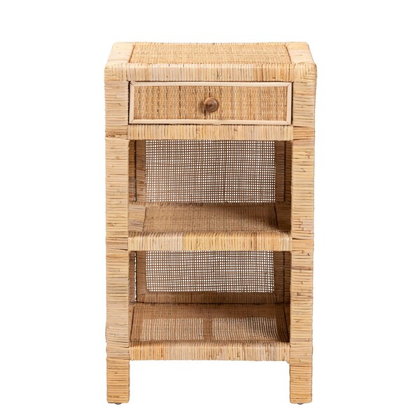 Baxton Studio Bella Modern Bohemian Natural Brown Mahogany Wood and Natural Rattan 1-Drawer Nightstand - 226-13095-ZORO