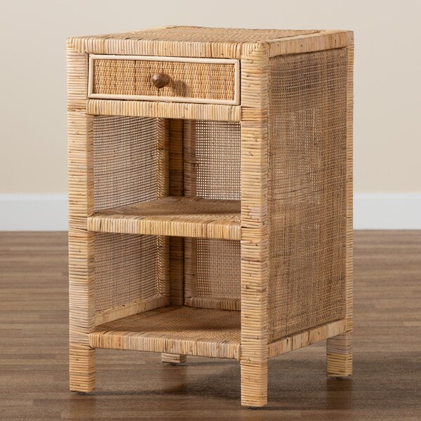 Baxton Studio Bella Modern Bohemian Natural Brown Mahogany Wood and Natural Rattan 1-Drawer Nightstand - 226-13095-ZORO
