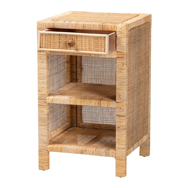 Baxton Studio Bella Modern Bohemian Natural Brown Mahogany Wood and Natural Rattan 1-Drawer Nightstand - 226-13095-ZORO