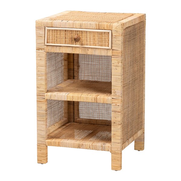 Baxton Studio Bella Modern Bohemian Natural Brown Mahogany Wood and Natural Rattan 1-Drawer Nightstand - 226-13095-ZORO