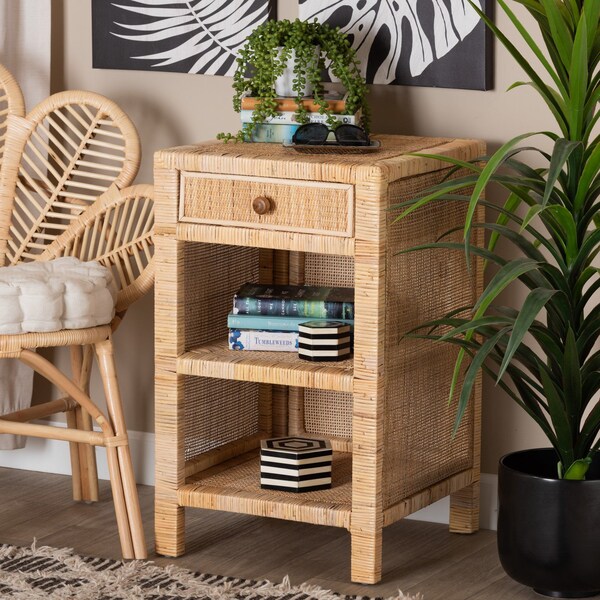 Baxton Studio Bella Modern Bohemian Natural Brown Mahogany Wood and Natural Rattan 1-Drawer Nightstand - 226-13095-ZORO