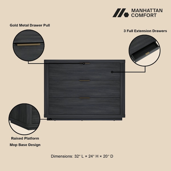 Manhattan Comfort Evelyn 32in Nightstand 4.0 in Charcoal Grey - NS014-CH