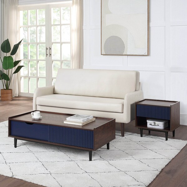 Manhattan Comfort Duane Modern Ribbed Nightstand and Coffee Table in Dark Brown and Navy Blue - 2-NC-12GLF-NB