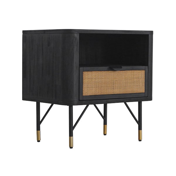 Armen Living Saratoga Nightstand in Black Acacia with Rattan - LCSRLABL