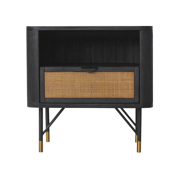 Armen Living Saratoga Nightstand in Black Acacia with Rattan - LCSRLABL