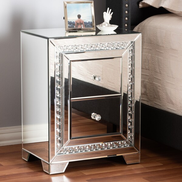 Baxton Studio Mina Hollywood Style Mirrored Three Drawer Nightstand Bedside Table - 150-9181