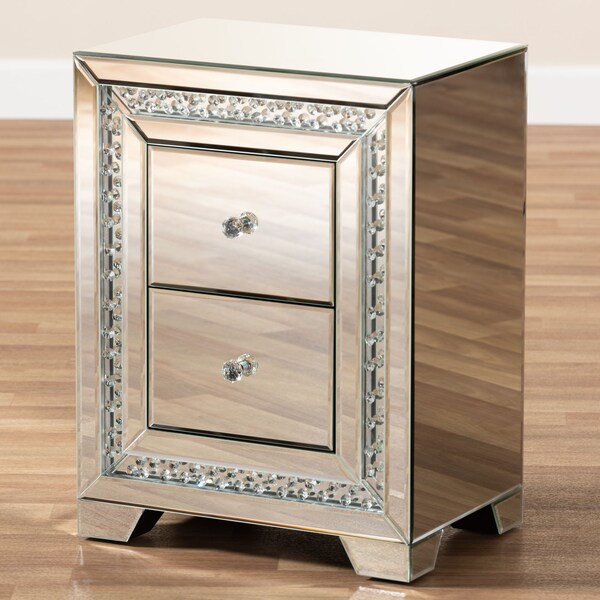 Baxton Studio Mina Hollywood Style Mirrored Three Drawer Nightstand Bedside Table - 150-9181
