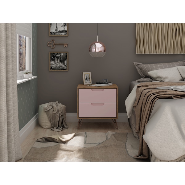 Manhattan Comfort Rockefeller 2.0 Nightstand, Nature and Rose Pink - 102GMC6