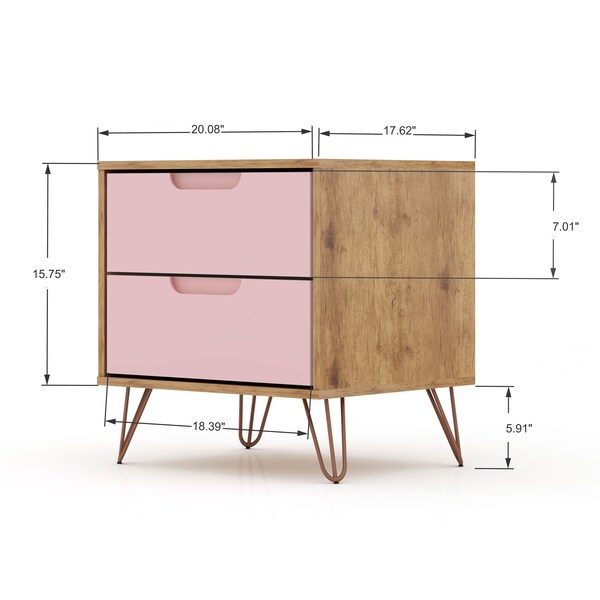 Manhattan Comfort Rockefeller 2.0 Nightstand, Nature and Rose Pink - 102GMC6