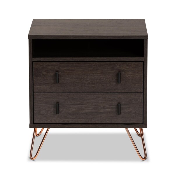 Baxton Studio Glover Modern Dark Brown Finished Wood and Rose Gold-Tone Finished Metal 2-Drawer Nightstand - 179-11220-ZORO