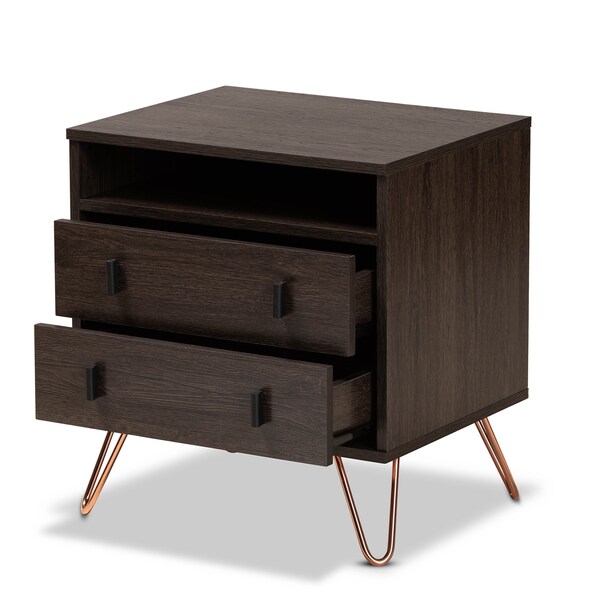 Baxton Studio Glover Modern Dark Brown Finished Wood and Rose Gold-Tone Finished Metal 2-Drawer Nightstand - 179-11220-ZORO