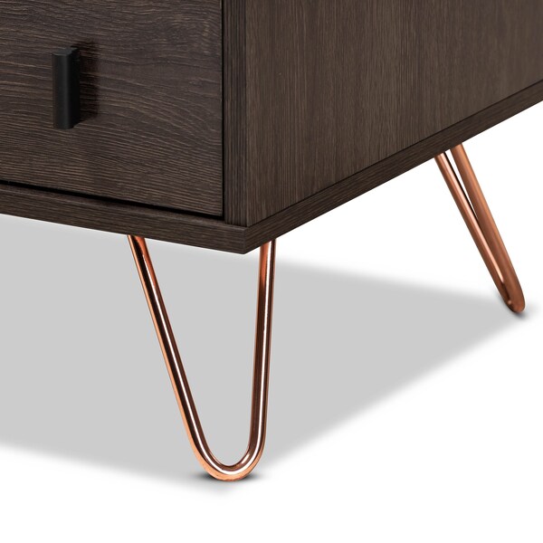 Baxton Studio Glover Modern Dark Brown Finished Wood and Rose Gold-Tone Finished Metal 2-Drawer Nightstand - 179-11220-ZORO