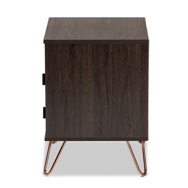 Baxton Studio Glover Modern Dark Brown Finished Wood and Rose Gold-Tone Finished Metal 2-Drawer Nightstand - 179-11220-ZORO