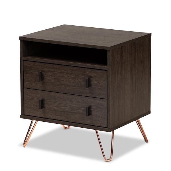 Baxton Studio Glover Modern Dark Brown Finished Wood and Rose Gold-Tone Finished Metal 2-Drawer Nightstand - 179-11220-ZORO