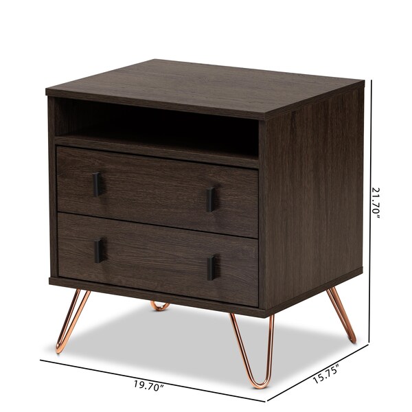 Baxton Studio Glover Modern Dark Brown Finished Wood and Rose Gold-Tone Finished Metal 2-Drawer Nightstand - 179-11220-ZORO