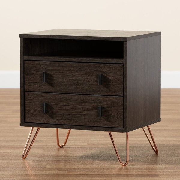 Baxton Studio Glover Modern Dark Brown Finished Wood and Rose Gold-Tone Finished Metal 2-Drawer Nightstand - 179-11220-ZORO