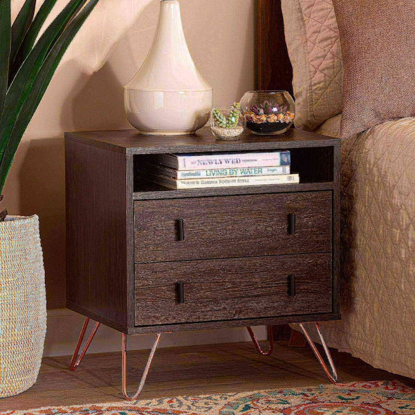 Baxton Studio Glover Modern Dark Brown Finished Wood and Rose Gold-Tone Finished Metal 2-Drawer Nightstand - 179-11220-ZORO